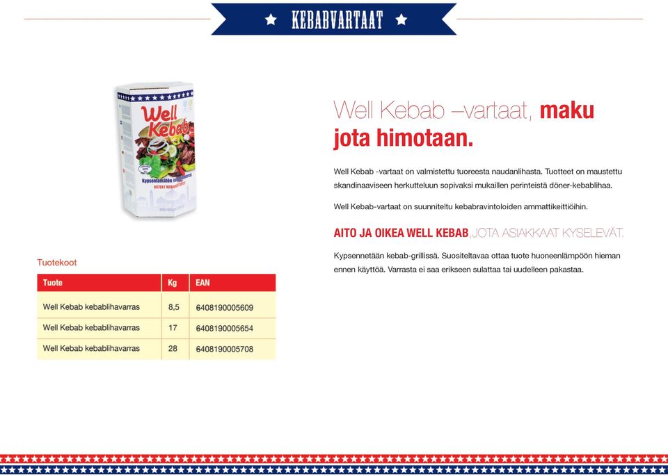 Well Kebab-vartaat on suunniteltu kebabravintoloiden ammattikeittiöihin.