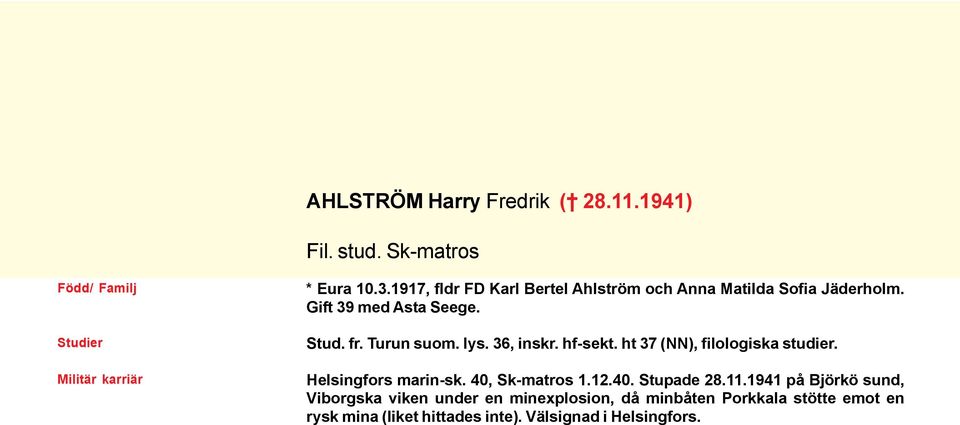 36, inskr. hf-sekt. ht 37 (NN), filologiska studier. Helsingfors marin-sk. 40, Sk-matros 1.12.40. Stupade 28.11.