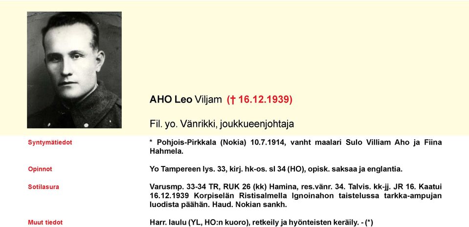 saksaa ja englantia. Varusmp. 33-34 TR, RUK 26 (kk) Hamina, res.vänr. 34. Talvis. kk-jj. JR 16. Kaatui 16.12.