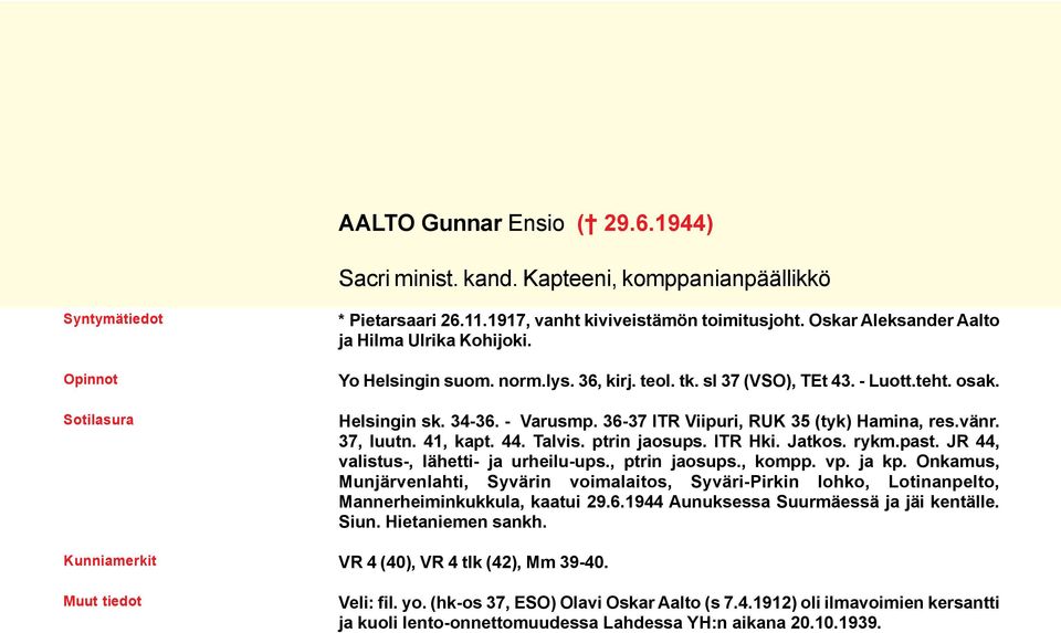 36-37 ITR Viipuri, RUK 35 (tyk) Hamina, res.vänr. 37, luutn. 41, kapt. 44. Talvis. ptrin jaosups. ITR Hki. Jatkos. rykm.past. JR 44, valistus-, lähetti- ja urheilu-ups., ptrin jaosups., kompp. vp.