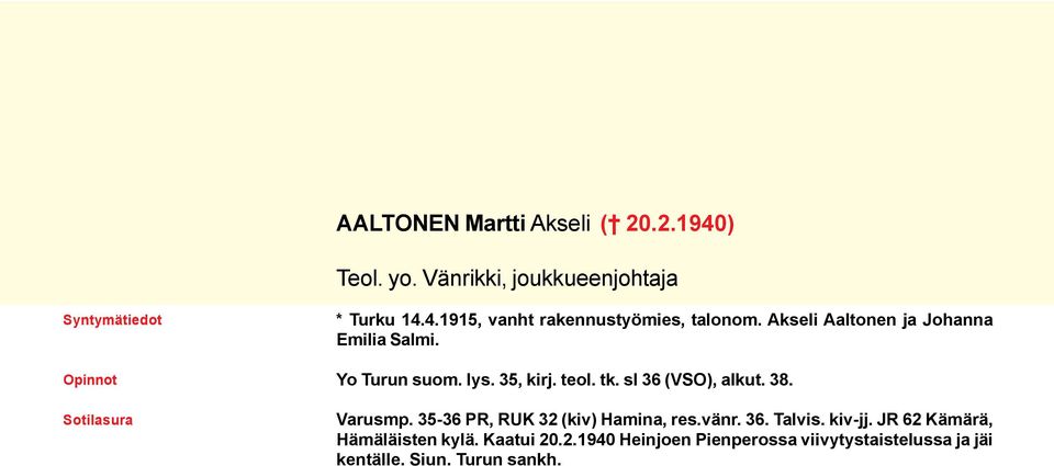 Varusmp. 35-36 PR, RUK 32 (kiv) Hamina, res.vänr. 36. Talvis. kiv-jj. JR 62 Kämärä, Hämäläisten kylä.