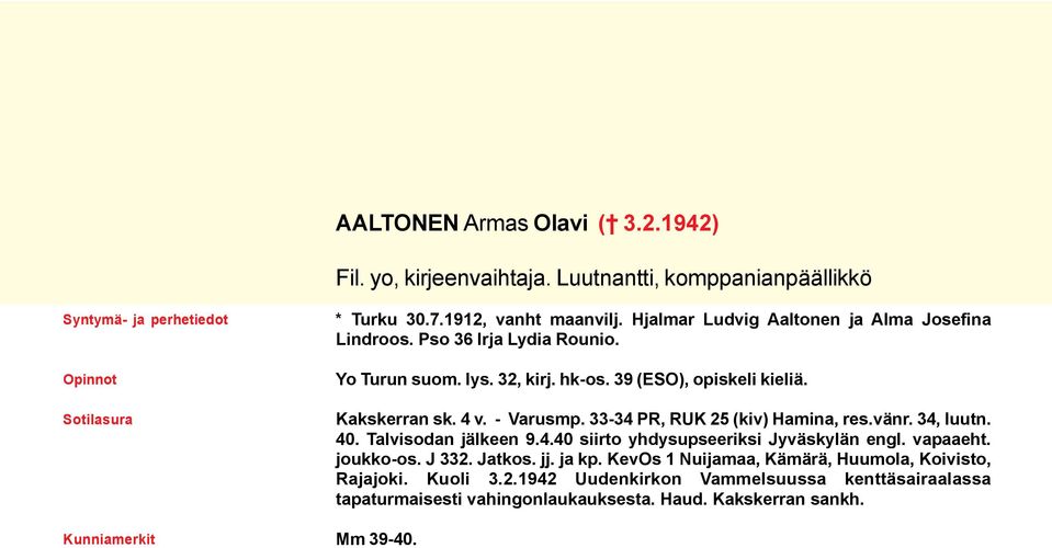 33-34 PR, RUK 25 (kiv) Hamina, res.vänr. 34, luutn. 40. Talvisodan jälkeen 9.4.40 siirto yhdysupseeriksi Jyväskylän engl. vapaaeht. joukko-os. J 332. Jatkos. jj. ja kp.