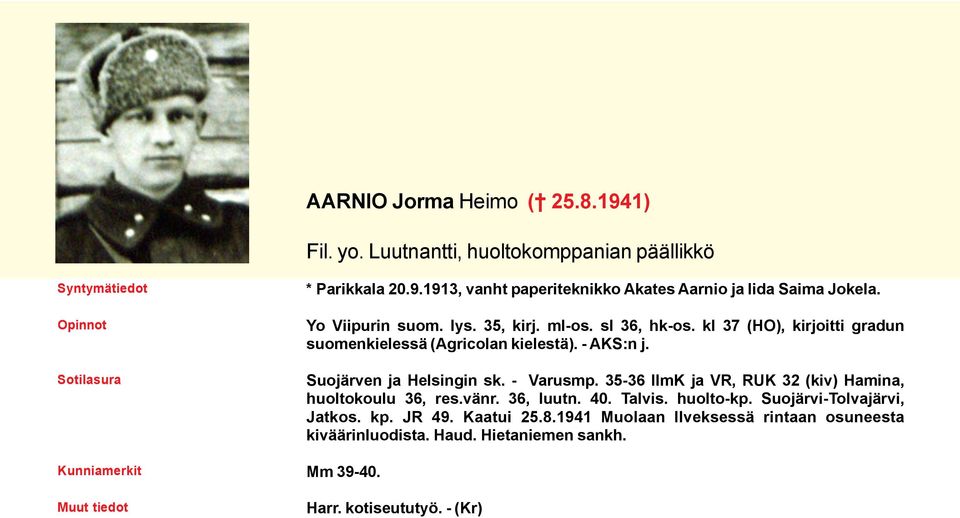 - Varusmp. 35-36 IlmK ja VR, RUK 32 (kiv) Hamina, huoltokoulu 36, res.vänr. 36, luutn. 40. Talvis. huolto-kp. Suojärvi-Tolvajärvi, Jatkos. kp. JR 49.