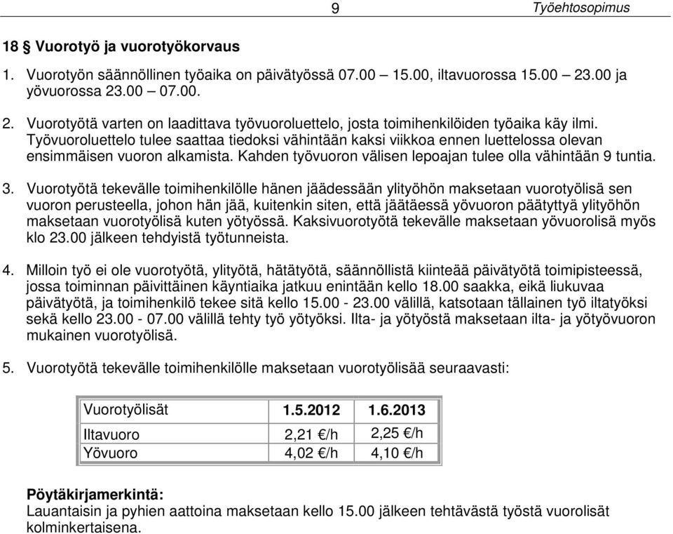 Työvuoroluettelo tulee saattaa tiedoksi vähintään kaksi viikkoa ennen luettelossa olevan ensimmäisen vuoron alkamista. Kahden työvuoron välisen lepoajan tulee olla vähintään 9 tuntia. 3.