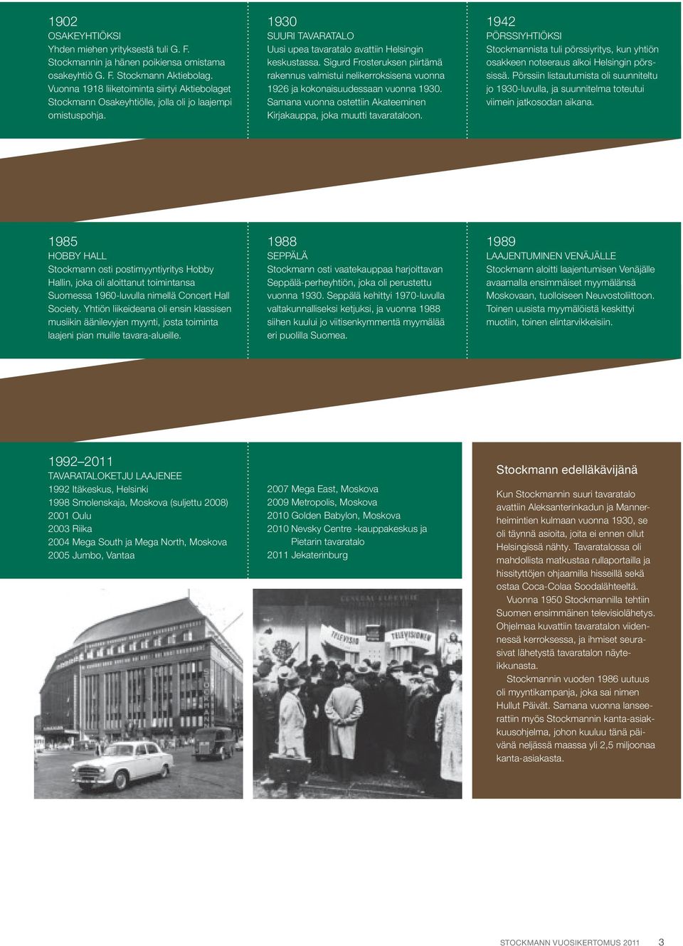 Sigurd Frosteruksen piirtämä rakennus valmistui nelikerroksisena vuonna 1926 ja kokonaisuudessaan vuonna 193. Samana vuonna ostettiin Akateeminen Kirjakauppa, joka muutti tavarataloon.