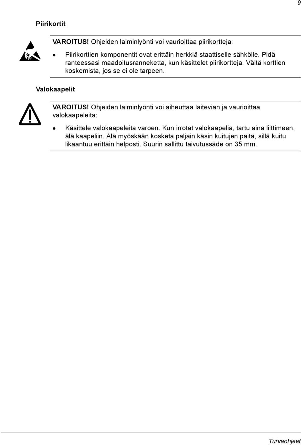 Ohjeiden laiminlyönti voi aiheuttaa laitevian ja vaurioittaa valokaapeleita: Käsittele valokaapeleita varoen.