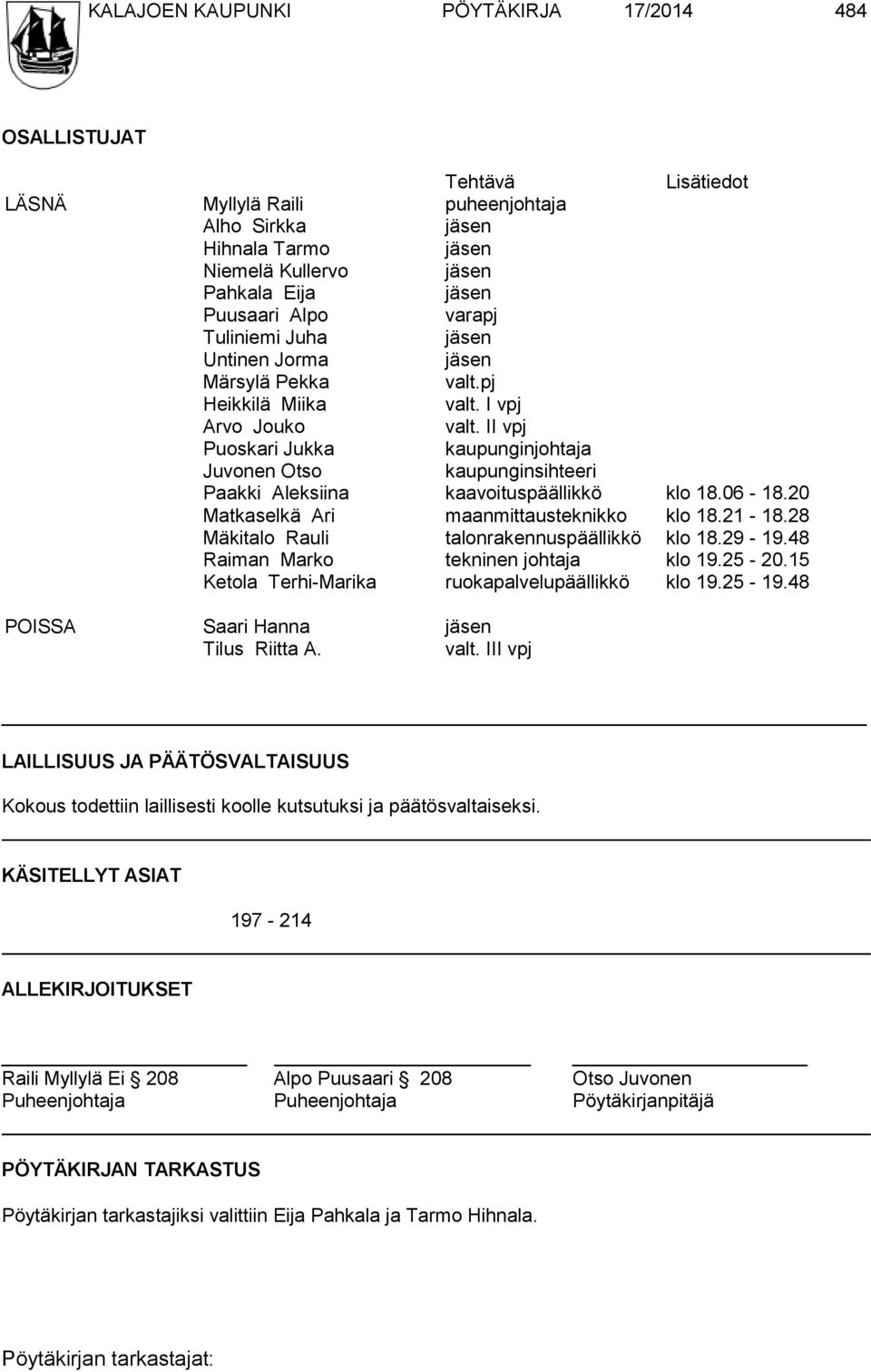 II vpj Puoskari Jukka kaupunginjohtaja Juvonen Otso kaupunginsihteeri Paakki Aleksiina kaavoituspäällikkö klo 18.06-18.20 Matkaselkä Ari maanmittausteknikko klo 18.21-18.