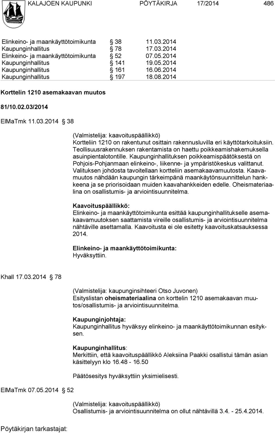 2014 ElMaTmk 11.03.2014 38 (Valmistelija: kaavoituspäällikkö) Kortteliin 1210 on rakentunut osittain rakennusluvilla eri käyttötarkoituksiin.