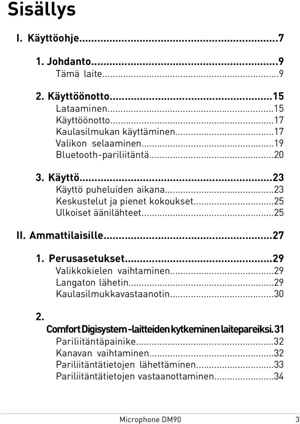 ..25 II. Ammattilaisille...27 1. Perusasetukset...29 Valikkokielen vaihtaminen...29 Langaton lähetin...29 Kaulasilmukkavastaanotin...30 2.