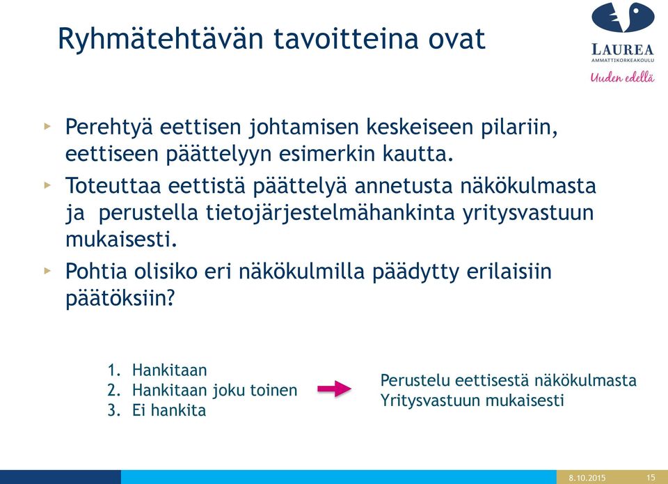 Toteuttaa eettistä päättelyä annetusta näkökulmasta ja perustella tietojärjestelmähankinta