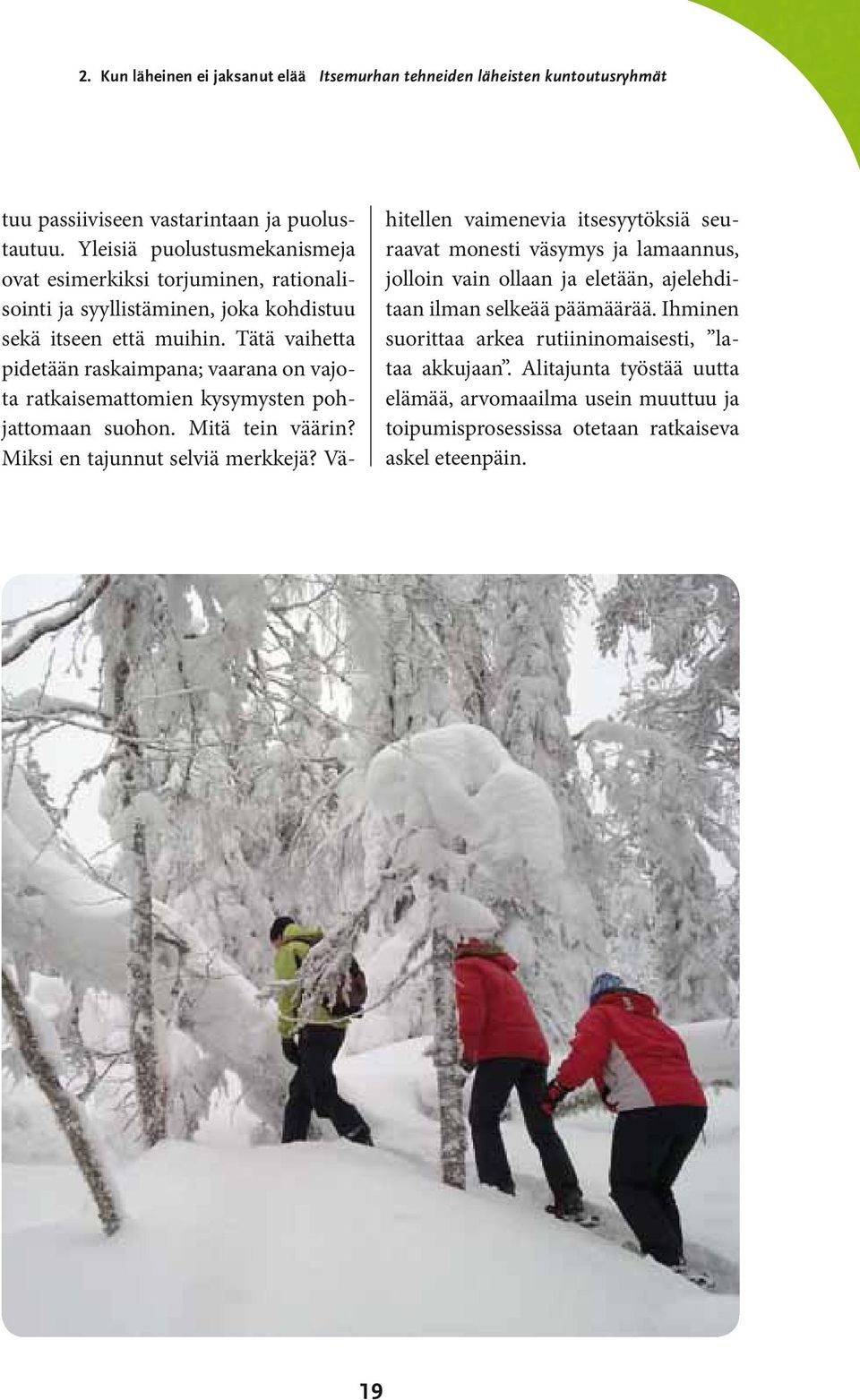 Tätä vaihetta pidetään raskaimpana; vaarana on vajota ratkaisemattomien kysymysten pohjattomaan suohon. Mitä tein väärin? Miksi en tajunnut selviä merkkejä?