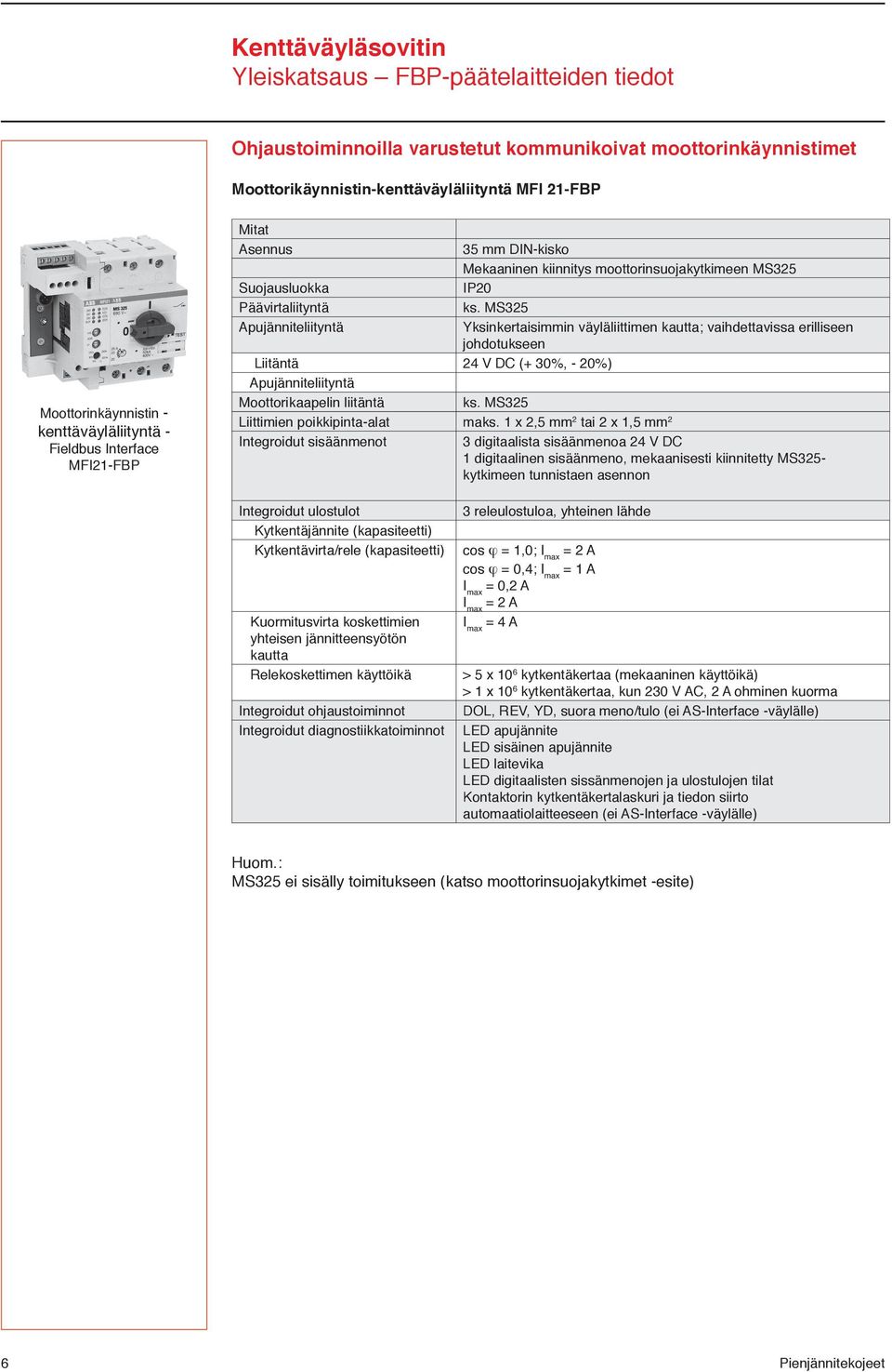 MS325 Suojausluokka Päävirtaliityntä Apujänniteliityntä Yksinkertaisimmin väyläliittimen kautta; vaihdettavissa erilliseen johdotukseen Liitäntä 24 V DC (+ 30%, - 20%) Apujänniteliityntä