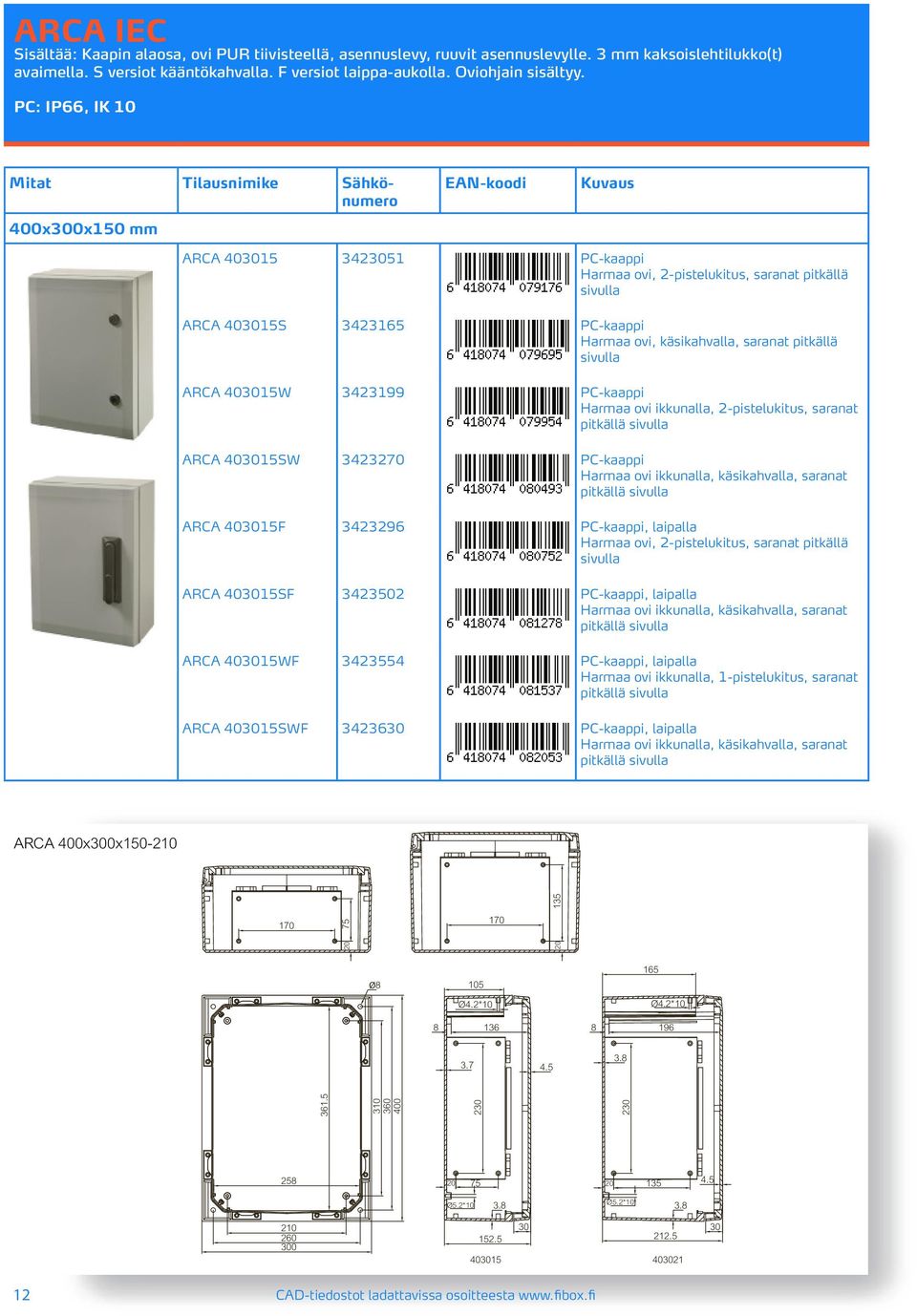 käsikahvalla, saranat pitkällä ARCA 403015W 3423199 PC-kaappi pitkällä ARCA 403015SW 3423270 PC-kaappi pitkällä ARCA 403015F 3423296 PC-kaappi, laipalla Harmaa ovi, 2-pistelukitus, saranat pitkällä