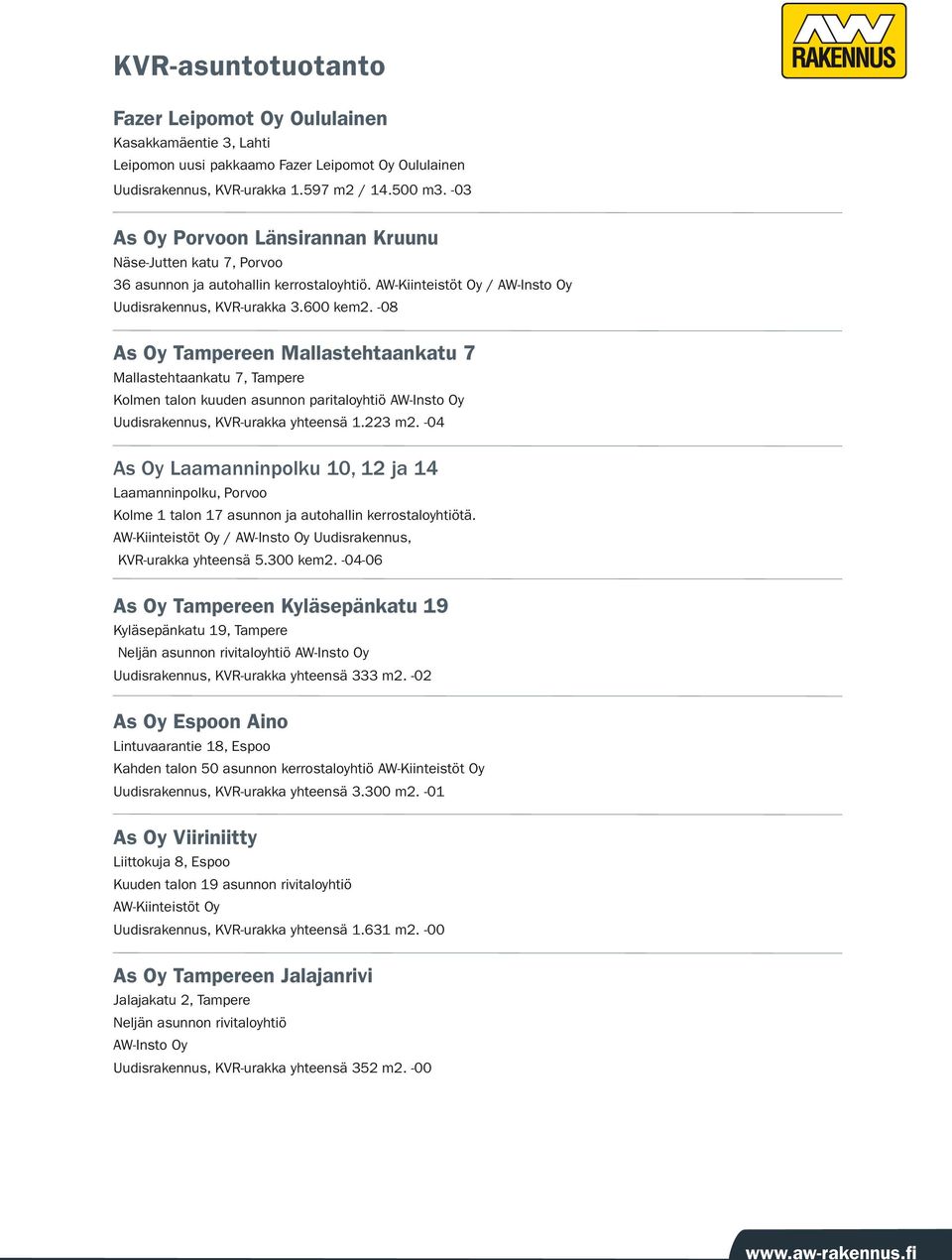 -08 As Oy en Mallastehtaankatu 7 Mallastehtaankatu 7, Kolmen talon kuuden asunnon paritaloyhtiö AW-Insto Oy Uudisrakennus, KVR-urakka yhteensä 1.223 m2.