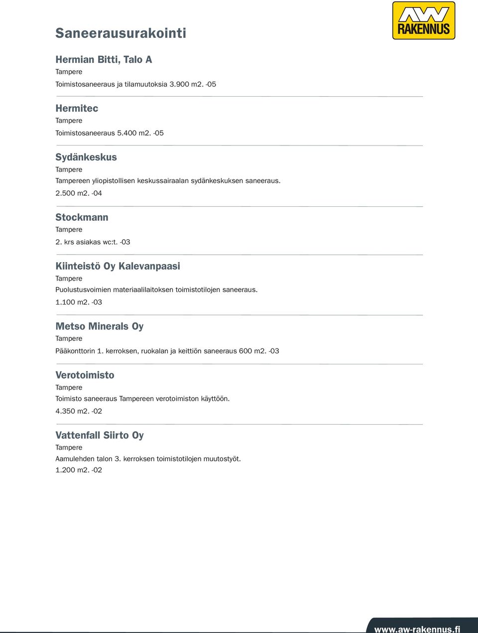 -03 Kiinteistö Oy Kalevanpaasi Puolustusvoimien materiaalilaitoksen toimistotilojen saneeraus. 1.100 m2. -03 Metso Minerals Oy Pääkonttorin 1.