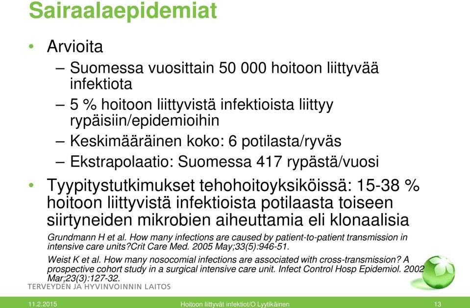 aiheuttamia eli klonaalisia Grundmann H et al. How many infections are caused by patient-to-patient transmission in intensive care units?crit Care Med. 2005 May;33(5):946-51.