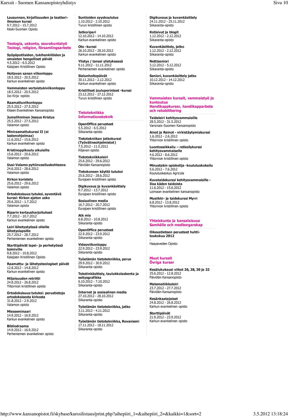 2012 Keski-Suomen Opisto Teologia, uskonto, seurakuntatyö Teologi, religion, församlingsarbete Syöpäpotilaiden, tukihenkilöiden ja omaisten hengelliset päivät Hoitavan sanan viikonloppu Vammaisten