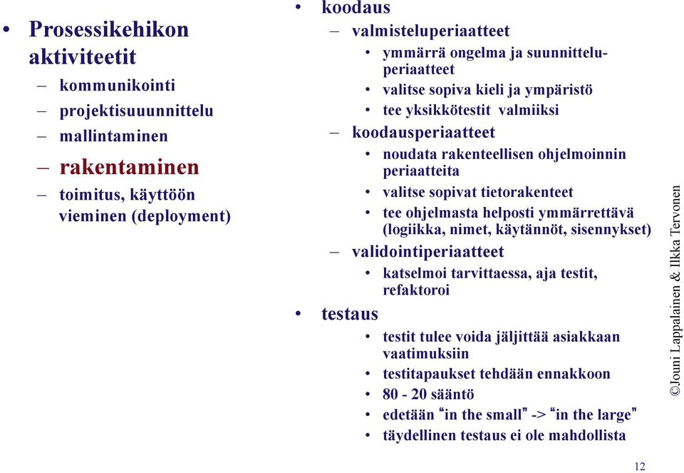sopivat tietorakenteet tee ohjelmasta helposti ymmärrettävä (logiikka, nimet, käytännöt, sisennykset) validointiperiaatteet katselmoi tarvittaessa, aja testit, refaktoroi