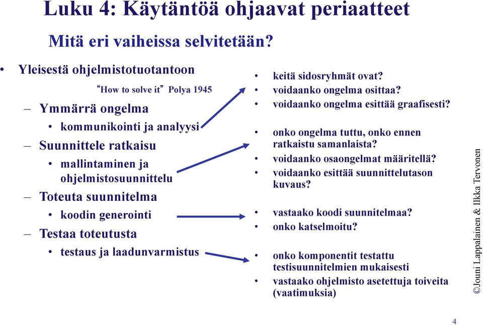 suunnitelma koodin generointi Testaa toteutusta testaus ja laadunvarmistus keitä sidosryhmät ovat? voidaanko ongelma osittaa? voidaanko ongelma esittää graafisesti?