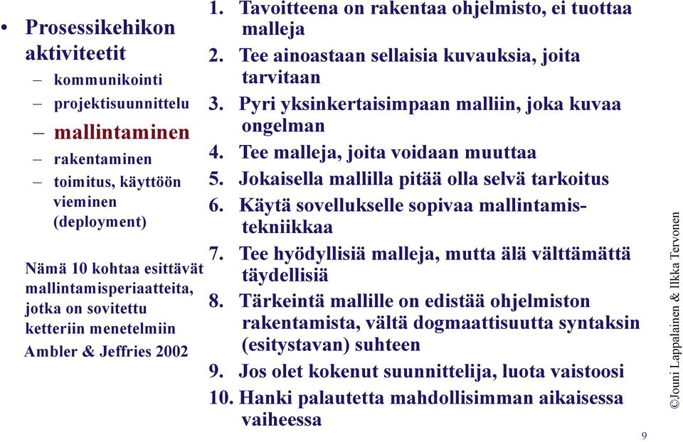 Pyri yksinkertaisimpaan malliin, joka kuvaa ongelman 4. Tee malleja, joita voidaan muuttaa 5. Jokaisella mallilla pitää olla selvä tarkoitus 6. Käytä sovellukselle sopivaa mallintamistekniikkaa 7.