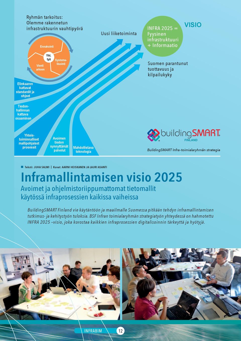 tiedon synnyttämät palvelut Mahdollistava teknologia BuildingSMART Infra -toimialaryhmän strategia Teksti: JUHA SALMI Kuvat: Aarni HEISKANEN JA LAURI ASANTI Inframallintamisen visio 2025 Avoimet ja