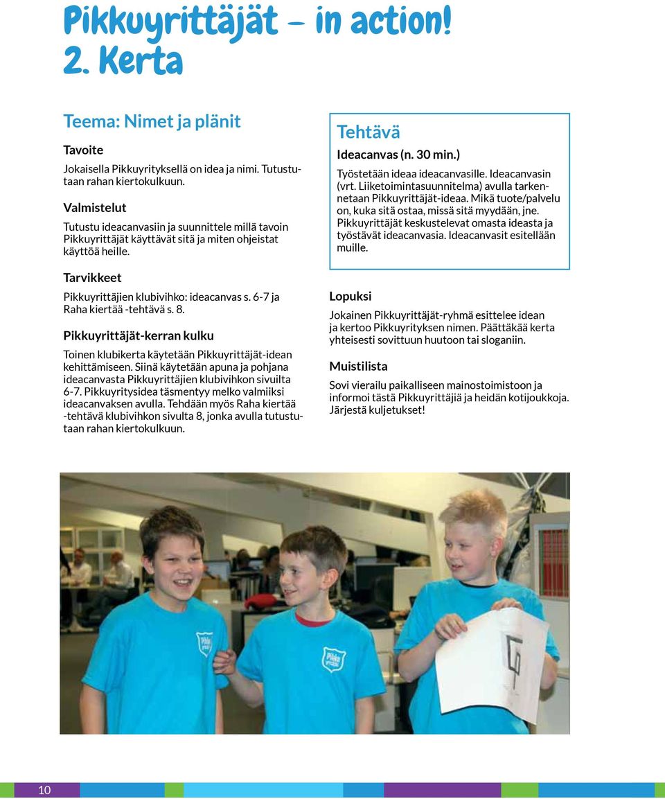 6-7 ja Raha kiertää -tehtävä s. 8. Pikkuyrittäjät-kerran kulku Toinen klubikerta käytetään Pikkuyrittäjät-idean kehittämiseen.