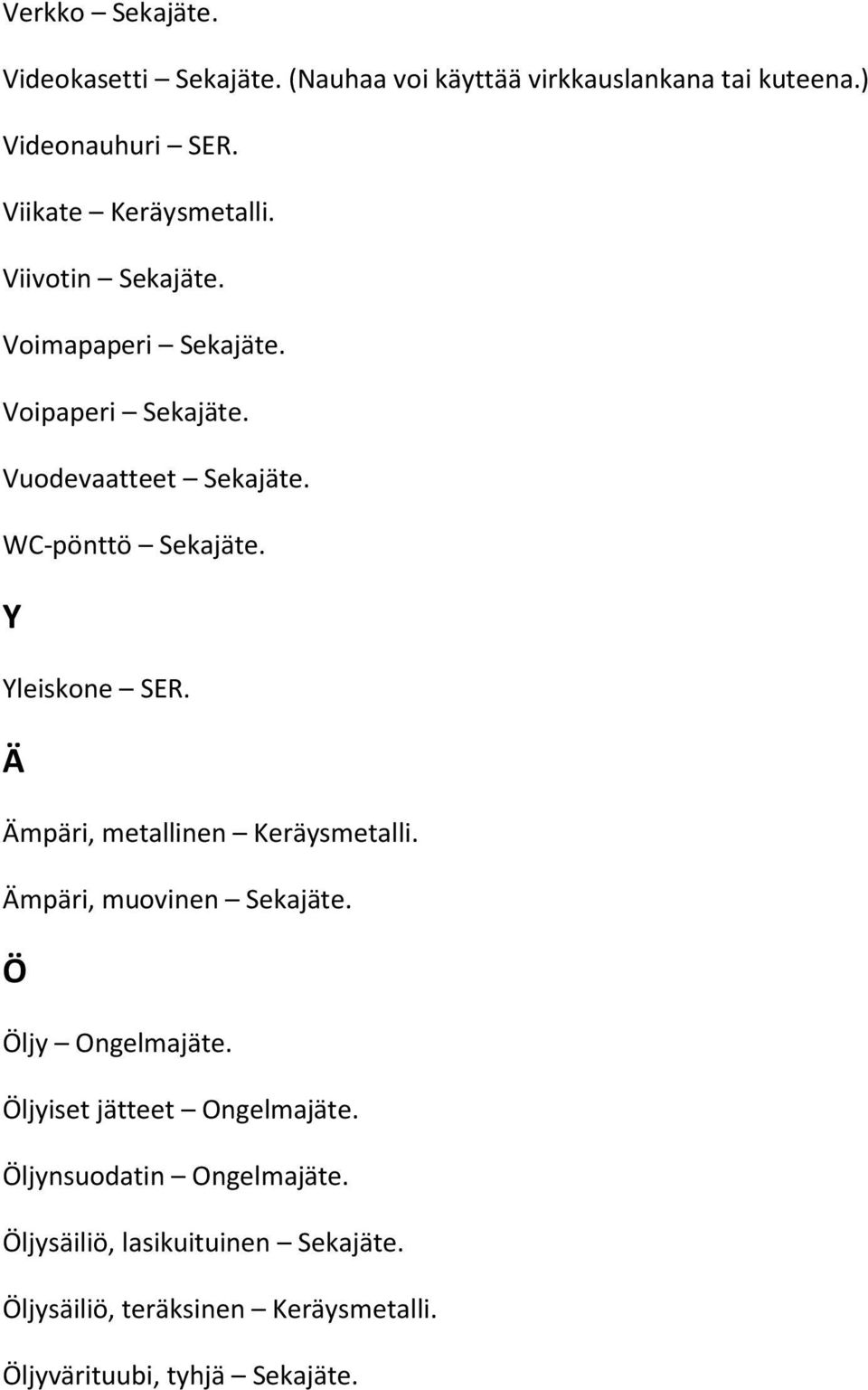 WC-pönttö Sekajäte. Y Yleiskone SER. Ä Ämpäri, metallinen Keräysmetalli. Ämpäri, muovinen Sekajäte. Ö Öljy Ongelmajäte.