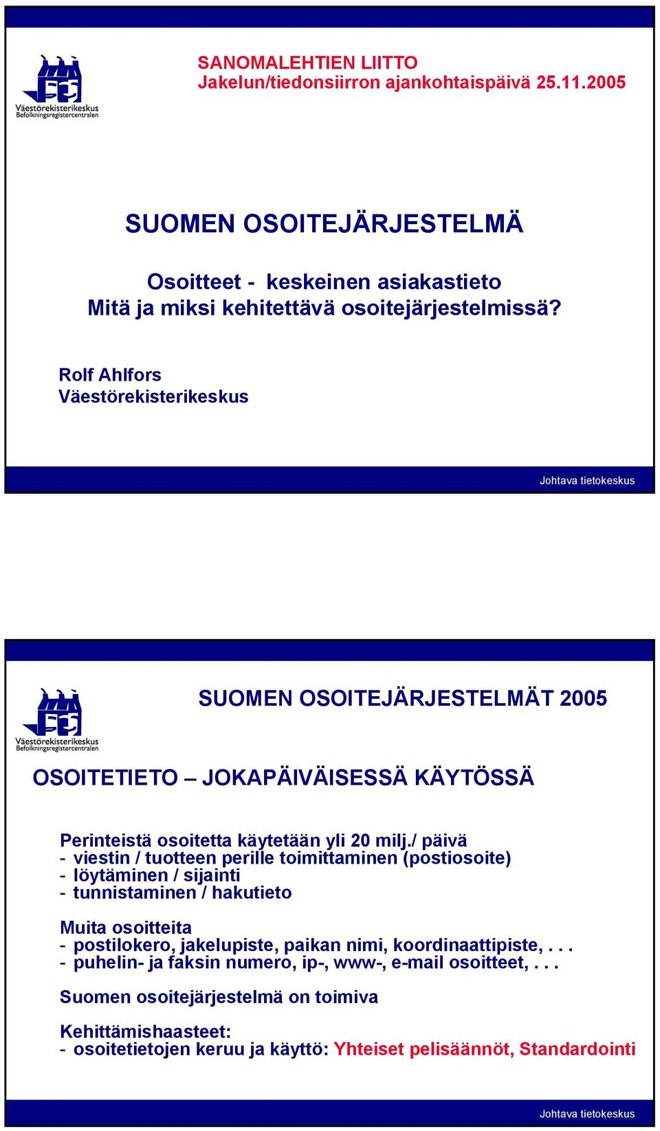 Rolf Ahlfors Väestörekisterikeskus OSOITETIETO JOKAPÄIVÄISESSÄ KÄYTÖSSÄ Perinteistä osoitetta käytetään yli 20 milj.