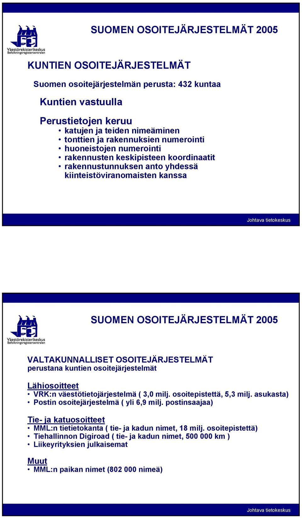 osoitejärjestelmät Lähiosoitteet VRK:n väestötietojärjestelmä ( 3,0 milj. osoitepistettä, 5,3 milj. asukasta) Postin osoitejärjestelmä ( yli 6,9 milj.