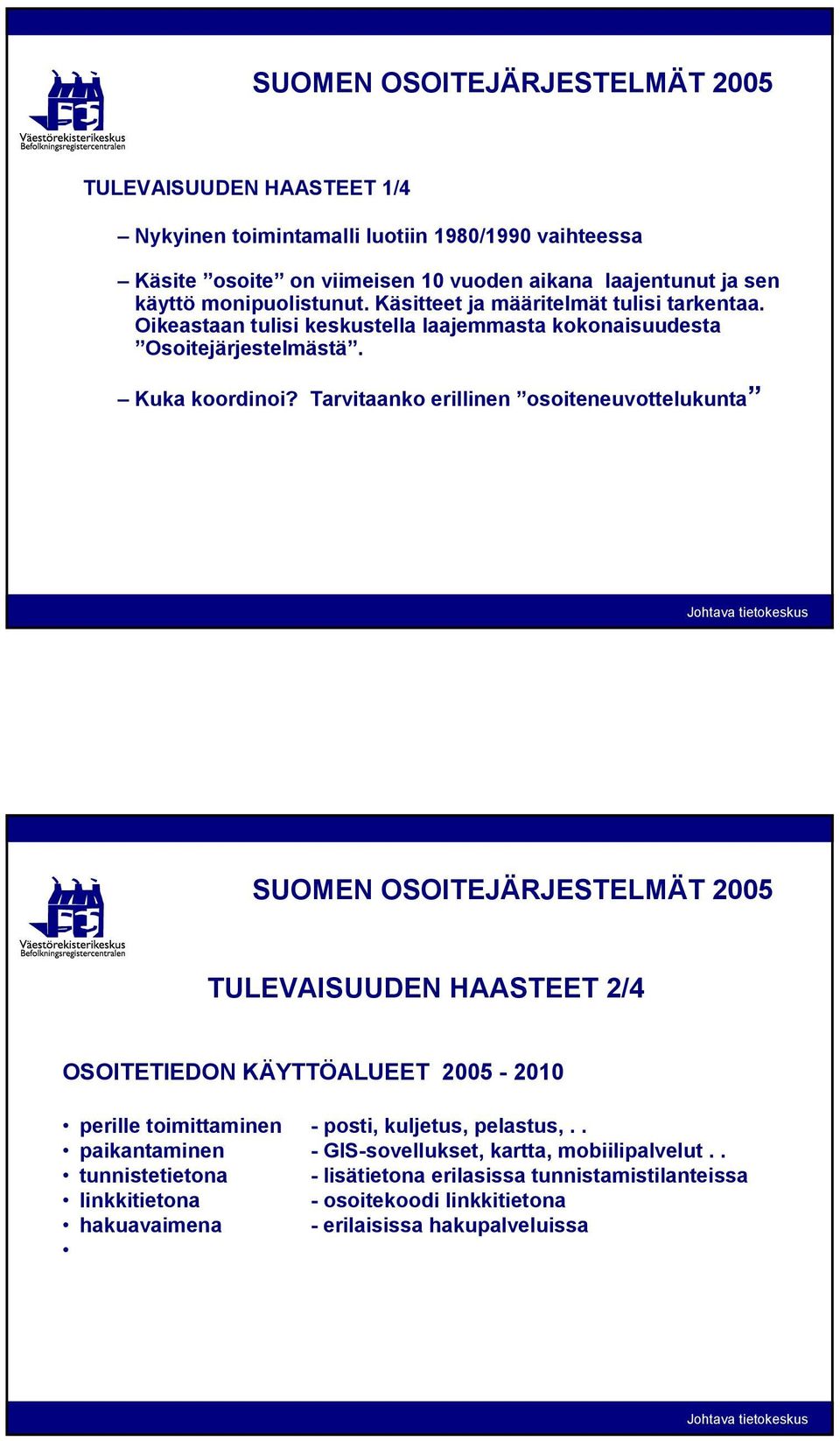 Tarvitaanko erillinen osoiteneuvottelukunta TULEVAISUUDEN HAASTEET 2/4 OSOITETIEDON KÄYTTÖALUEET 2005-2010 perille toimittaminen - posti, kuljetus, pelastus,.