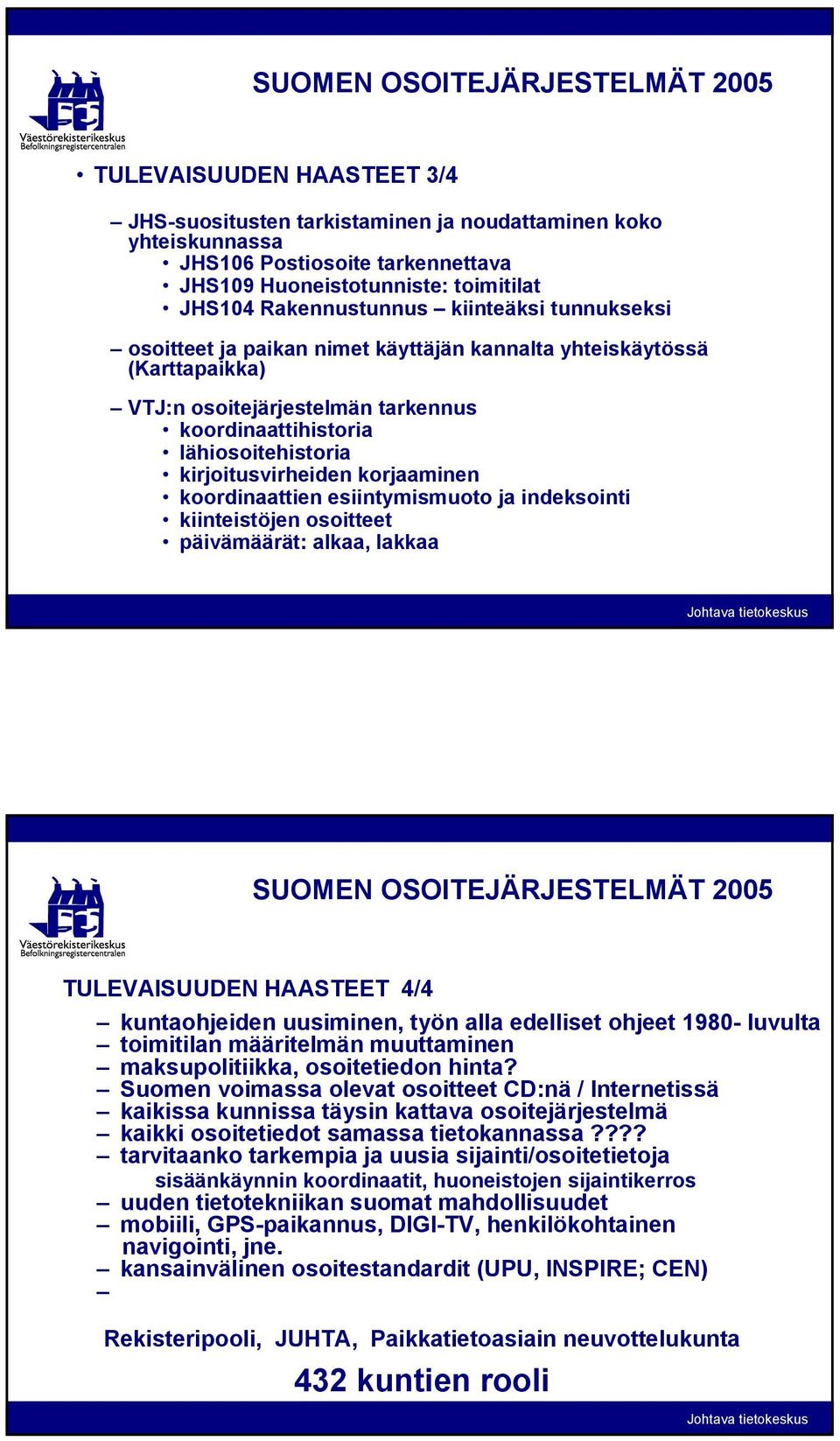 koordinaattien esiintymismuoto ja indeksointi kiinteistöjen osoitteet päivämäärät: alkaa, lakkaa TULEVAISUUDEN HAASTEET 4/4 kuntaohjeiden uusiminen, työn alla edelliset ohjeet 1980- luvulta