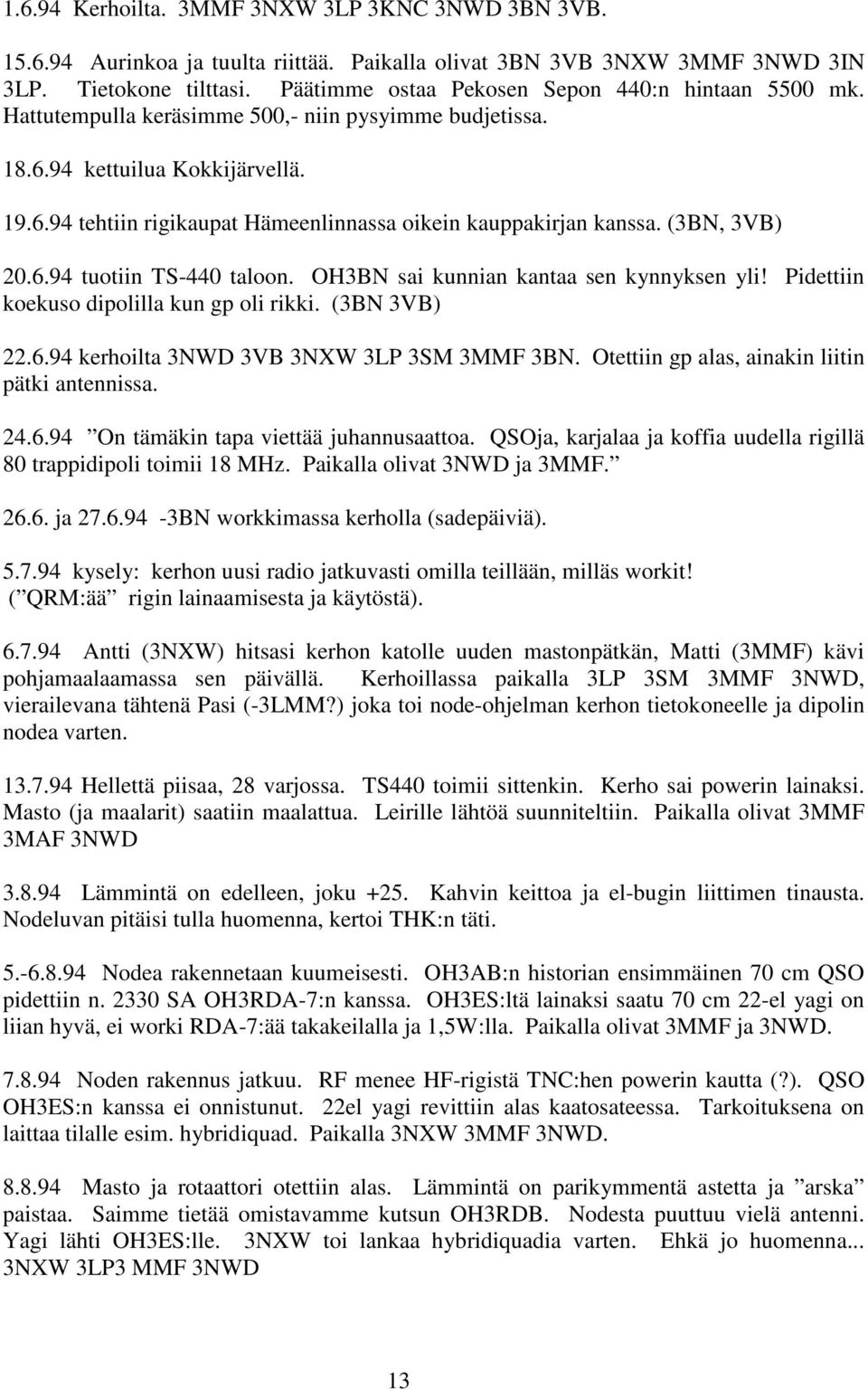 (3BN, 3VB) 20.6.94 tuotiin TS-440 taloon. OH3BN sai kunnian kantaa sen kynnyksen yli! Pidettiin koekuso dipolilla kun gp oli rikki. (3BN 3VB) 22.6.94 kerhoilta 3NWD 3VB 3NXW 3LP 3SM 3MMF 3BN.