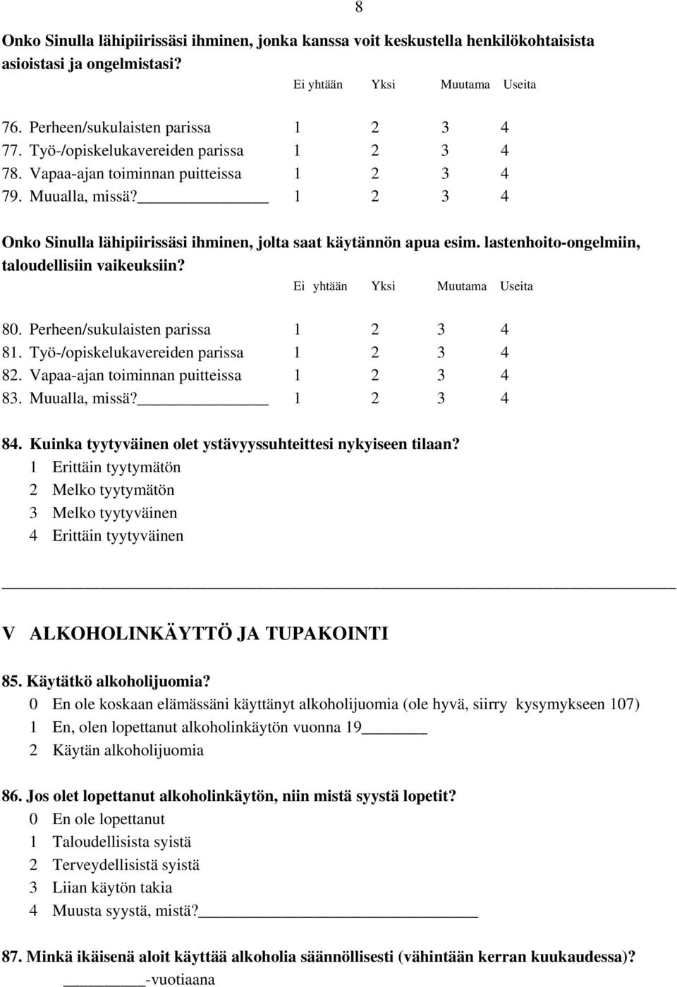 lastenhoito-ongelmiin, taloudellisiin vaikeuksiin? Ei yhtään Yksi Muutama Useita 80. Perheen/sukulaisten parissa 81. Työ-/opiskelukavereiden parissa 82. Vapaa-ajan toiminnan puitteissa 83.