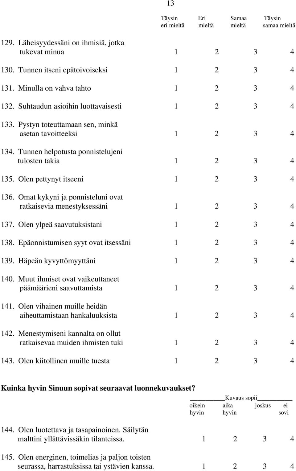 Omat kykyni ja ponnisteluni ovat ratkaisevia menestyksessäni 137. Olen ylpeä saavutuksistani 138. Epäonnistumisen syyt ovat itsessäni 139. Häpeän kyvyttömyyttäni 140.