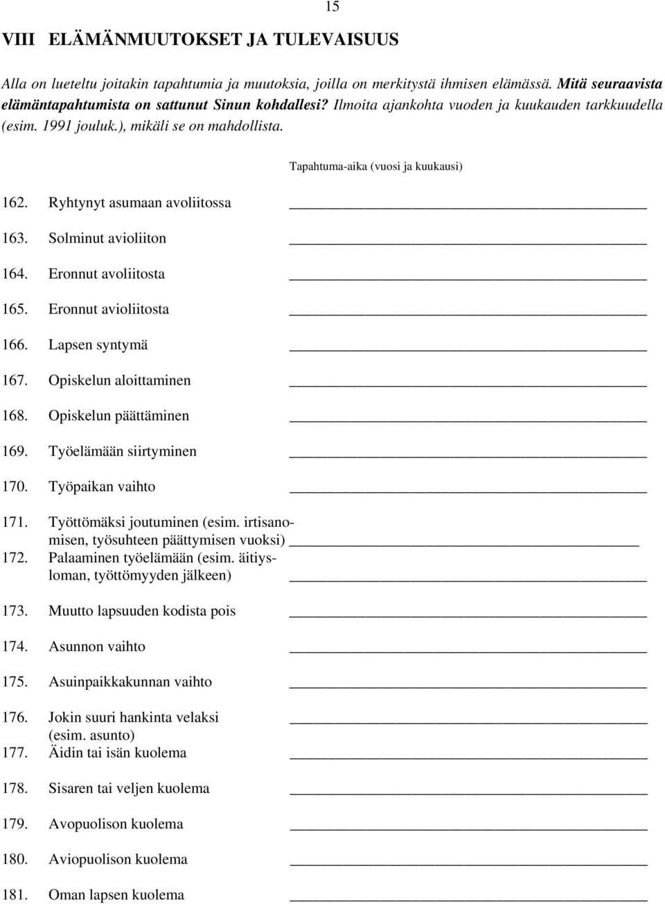 Eronnut avoliitosta 165. Eronnut avioliitosta 166. Lapsen syntymä 167. Opiskelun aloittaminen 168. Opiskelun päättäminen 169. Työelämään siirtyminen 170. Työpaikan vaihto 171.