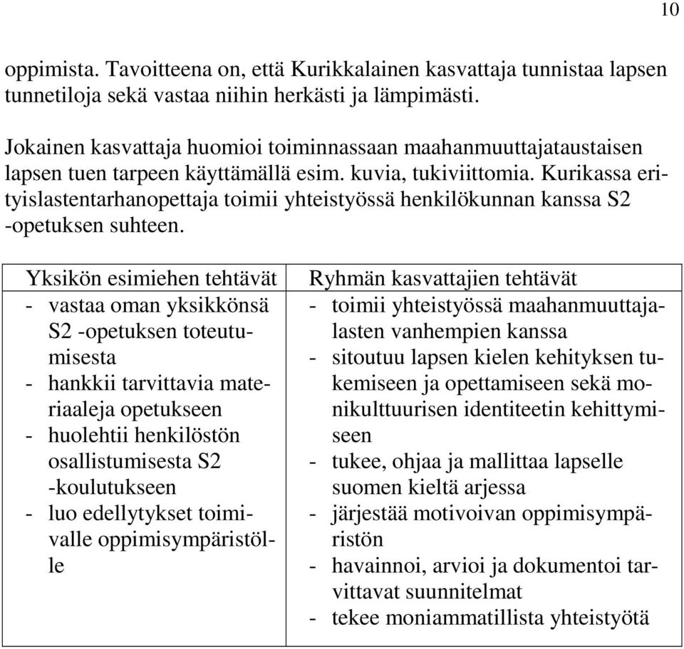 Kurikassa erityislastentarhanopettaja toimii yhteistyössä henkilökunnan kanssa S2 -opetuksen suhteen.