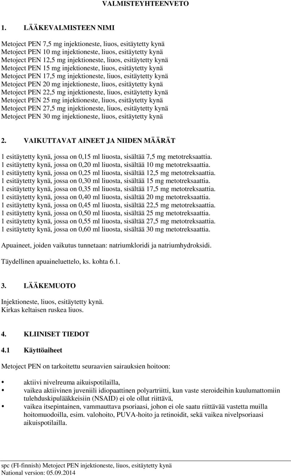 Metoject PEN 15 mg injektioneste, liuos, esitäytetty kynä Metoject PEN 17,5 mg injektioneste, liuos, esitäytetty kynä Metoject PEN 20 mg injektioneste, liuos, esitäytetty kynä Metoject PEN 22,5 mg