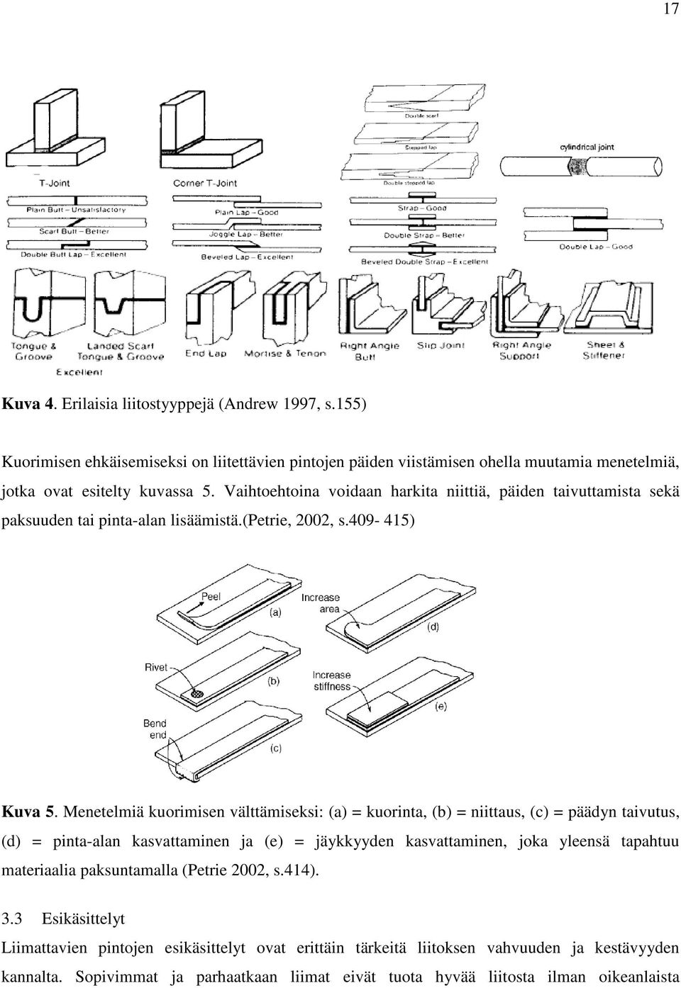 Menetelmiä kuorimisen välttämiseksi: (a) = kuorinta, (b) = niittaus, (c) = päädyn taivutus, (d) = pinta-alan kasvattaminen ja (e) = jäykkyyden kasvattaminen, joka yleensä tapahtuu