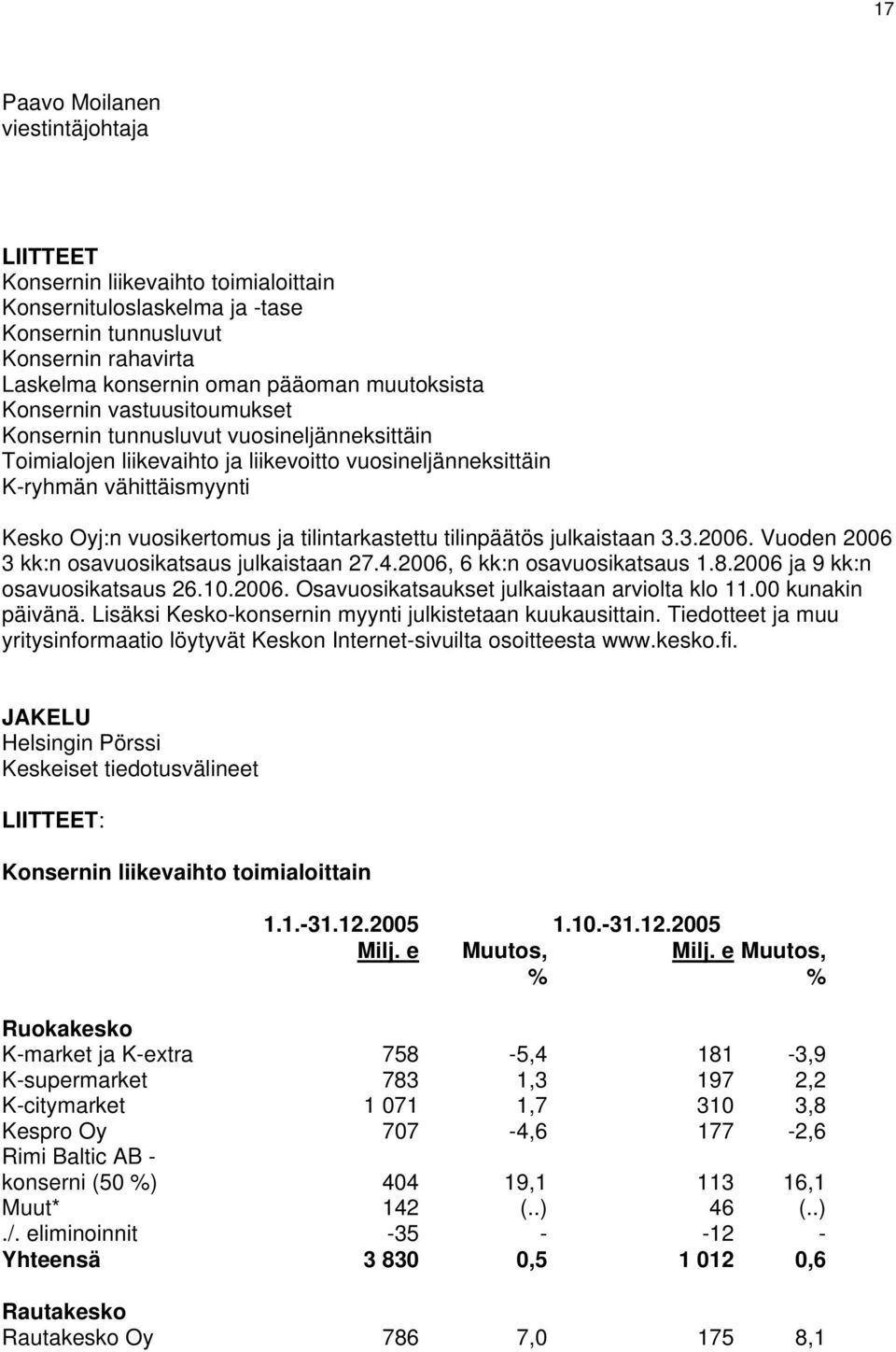 tilintarkastettu tilinpäätös julkaistaan 3.3.2006. Vuoden 2006 3 kk:n osavuosikatsaus julkaistaan 27.4.2006, 6 kk:n osavuosikatsaus 1.8.2006 ja 9 kk:n osavuosikatsaus 26.10.2006. Osavuosikatsaukset julkaistaan arviolta klo 11.