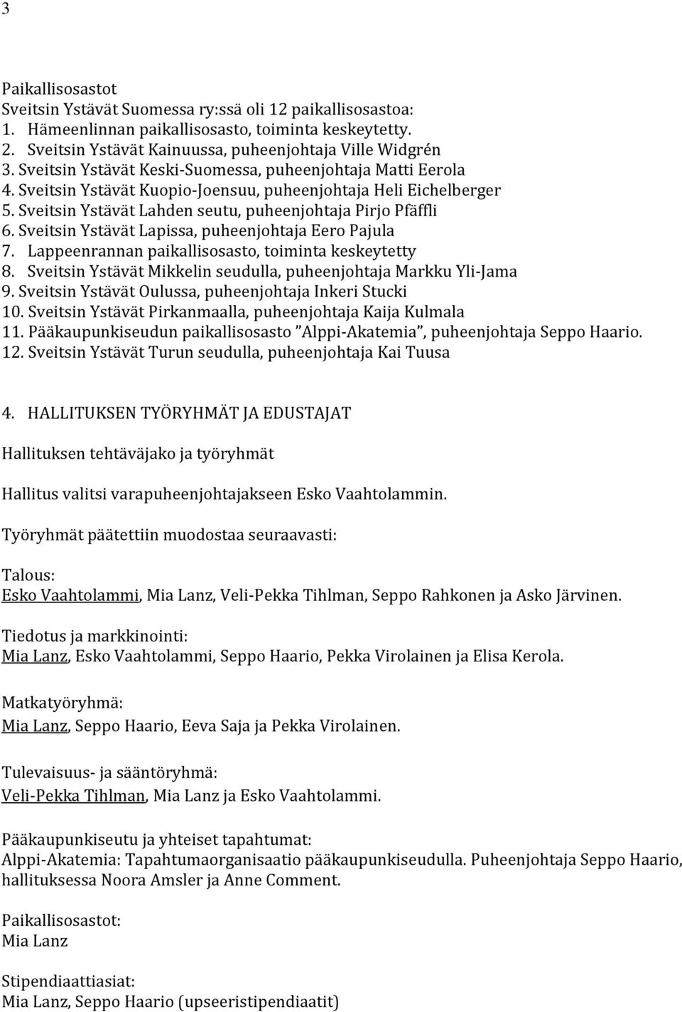 Sveitsin Ystävät Lapissa, puheenjohtaja Eero Pajula 7. Lappeenrannan paikallisosasto, toiminta keskeytetty 8. Sveitsin Ystävät Mikkelin seudulla, puheenjohtaja Markku Yli-Jama 9.