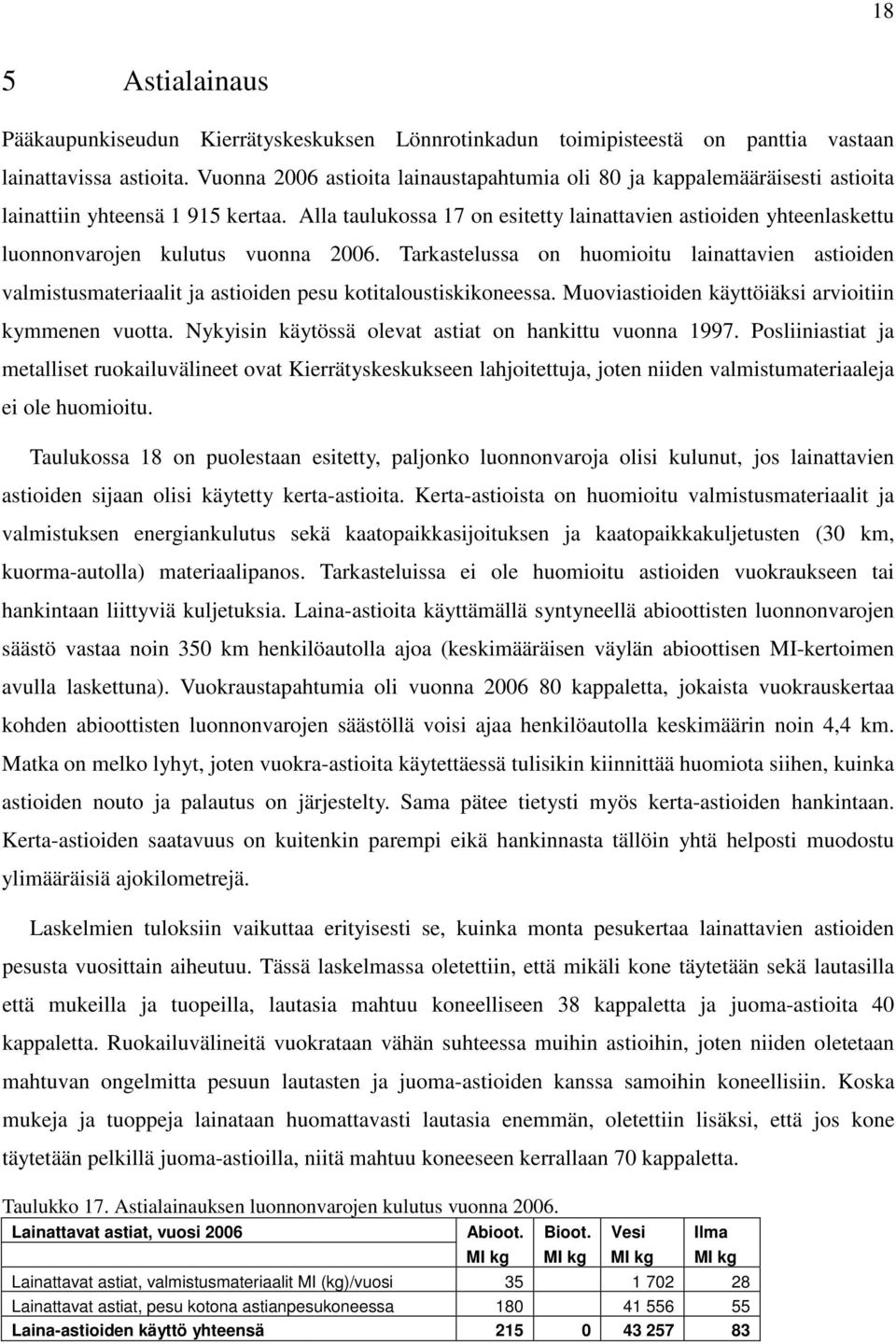 Alla taulukossa 17 on esitetty lainattavien astioiden yhteenlaskettu luonnonvarojen kulutus vuonna 2006.