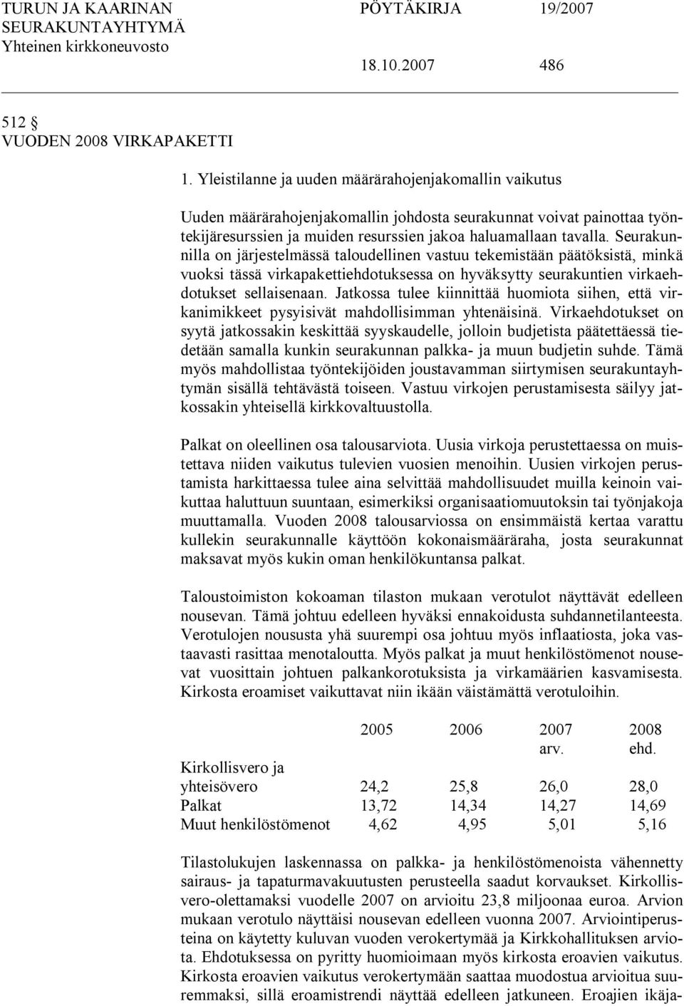 Seurakunnilla on järjestelmässä taloudellinen vastuu tekemistään päätöksistä, minkä vuoksi tässä virkapakettiehdotuksessa on hyväksytty seurakuntien virkaehdotukset sellaisenaan.