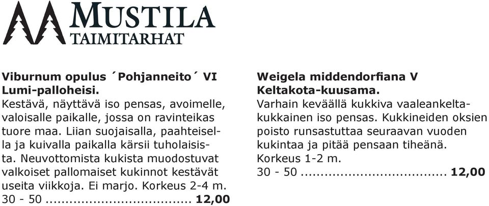 Neuvottomista kukista muodostuvat valkoiset pallomaiset kukinnot kestävät useita viikkoja. Ei marjo. Korkeus 2-4 m. 30-50.