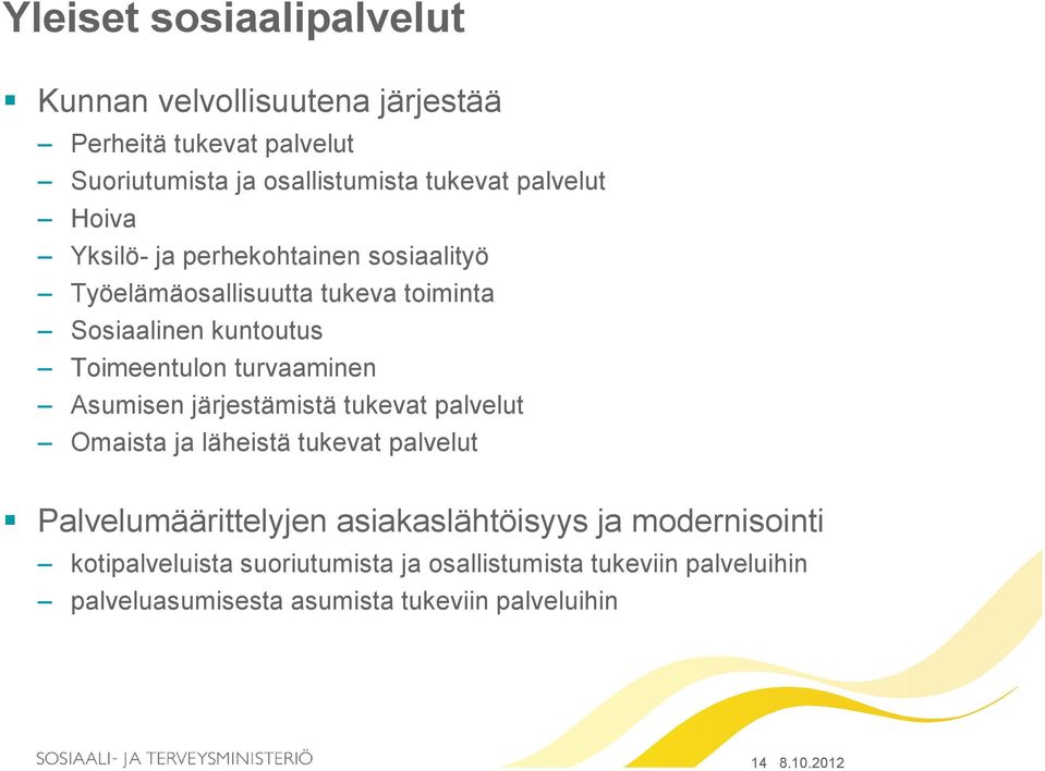 turvaaminen Asumisen järjestämistä tukevat palvelut Omaista ja läheistä tukevat palvelut Palvelumäärittelyjen asiakaslähtöisyys ja