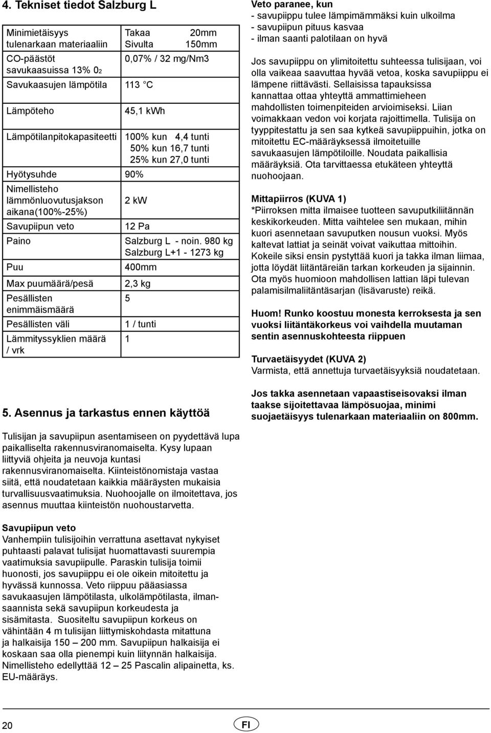 noin. 980 kg Salzburg L+1-1273 kg Puu 400mm Max puumäärä/pesä Pesällisten enimmäismäärä Pesällisten väli Lämmityssyklien määrä / vrk 2,3 kg 5 1 / tunti 1 5.