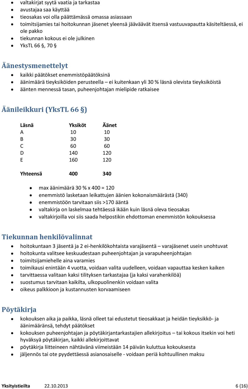 olevista tieyksiköistä äänten mennessä tasan, puheenjohtajan mielipide ratkaisee Äänileikkuri (YksTL 66 ) Läsnä Yksiköt Äänet A 10 10 B 30 30 C 60 60 D 140 120 E 160 120 Yhteensä 400 340 max