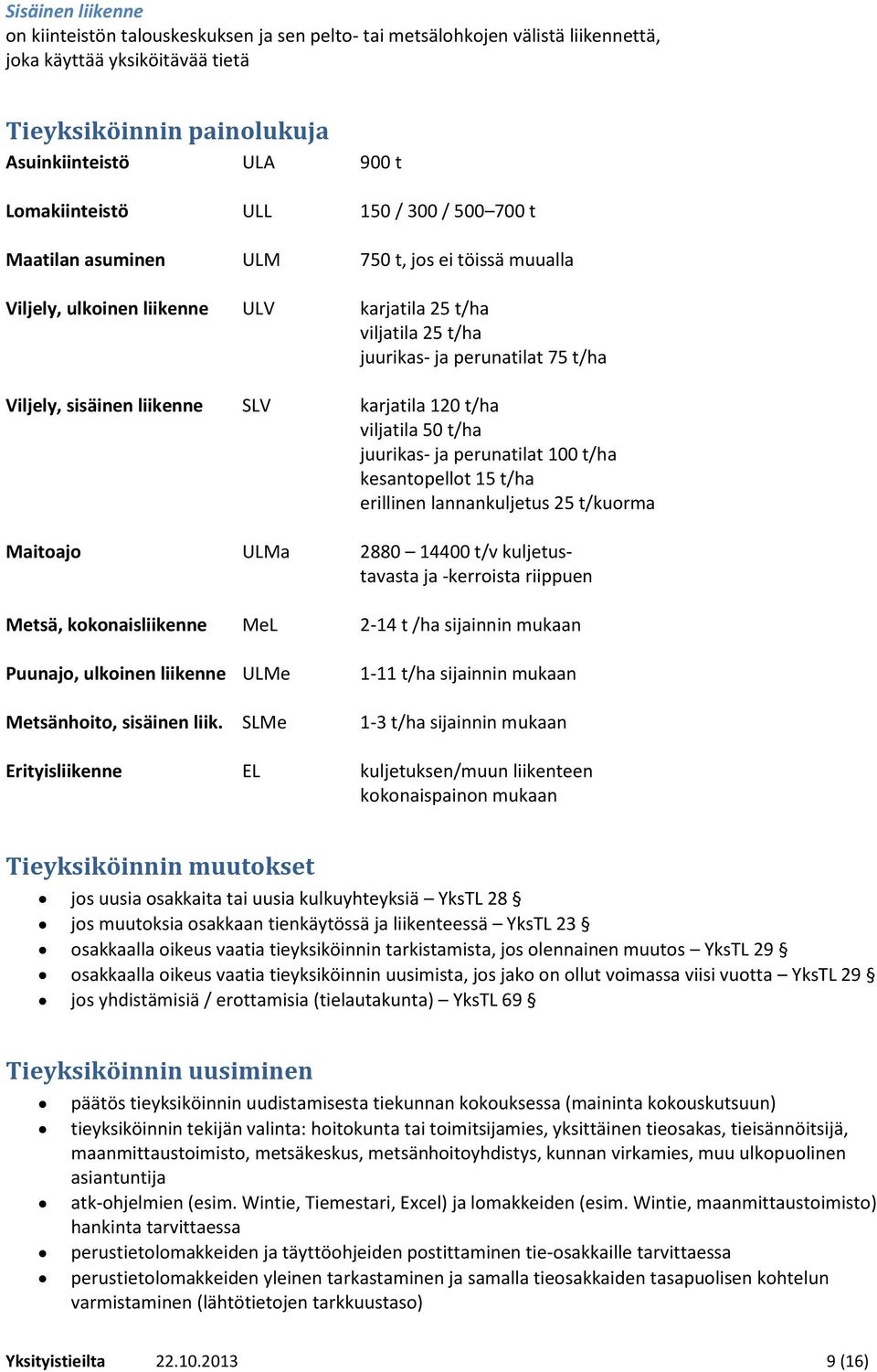 Viljely, sisäinen liikenne SLV karjatila 120 t/ha viljatila 50 t/ha juurikas- ja perunatilat 100 t/ha kesantopellot 15 t/ha erillinen lannankuljetus 25 t/kuorma Maitoajo ULMa 2880 14400 t/v