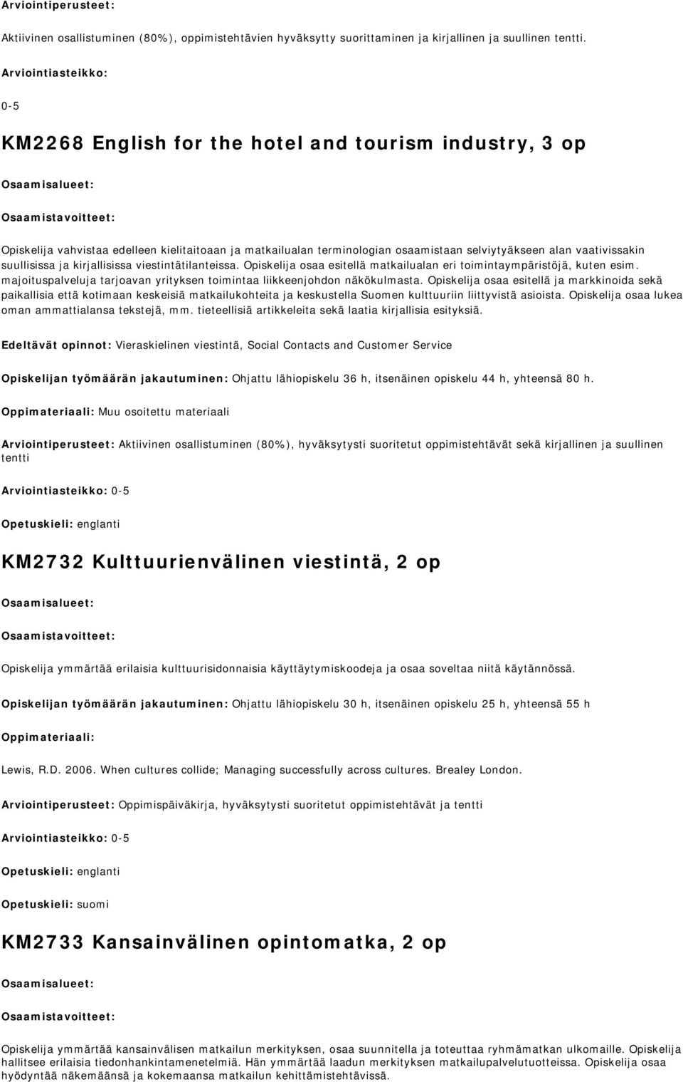 suullisissa ja kirjallisissa viestintätilanteissa. Opiskelija osaa esitellä matkailualan eri toimintaympäristöjä, kuten esim.