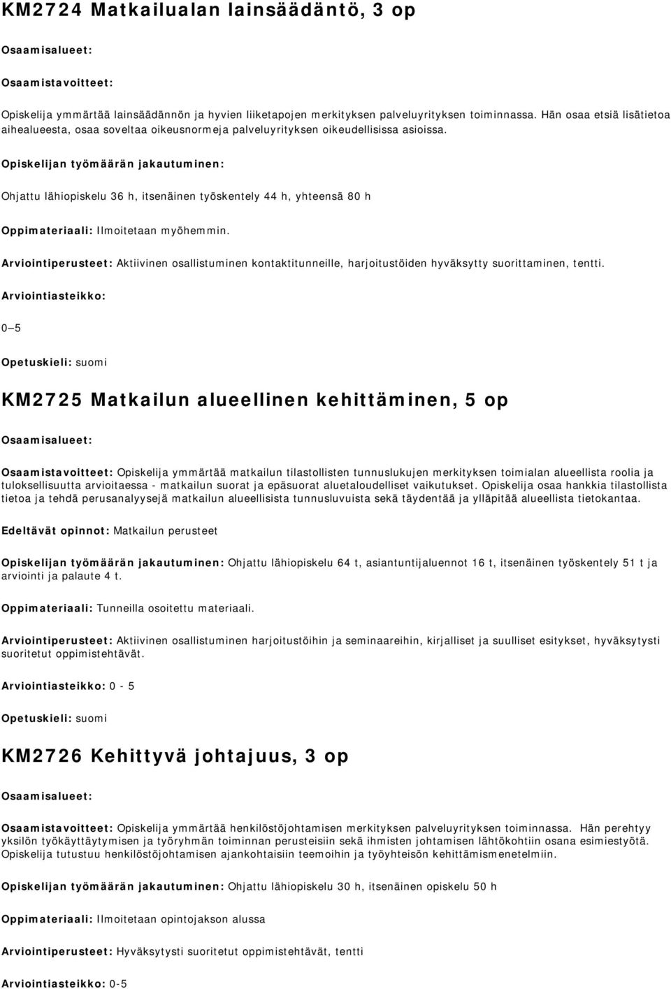 Ohjattu lähiopiskelu 36 h, itsenäinen työskentely 44 h, yhteensä 80 h Ilmoitetaan myöhemmin.