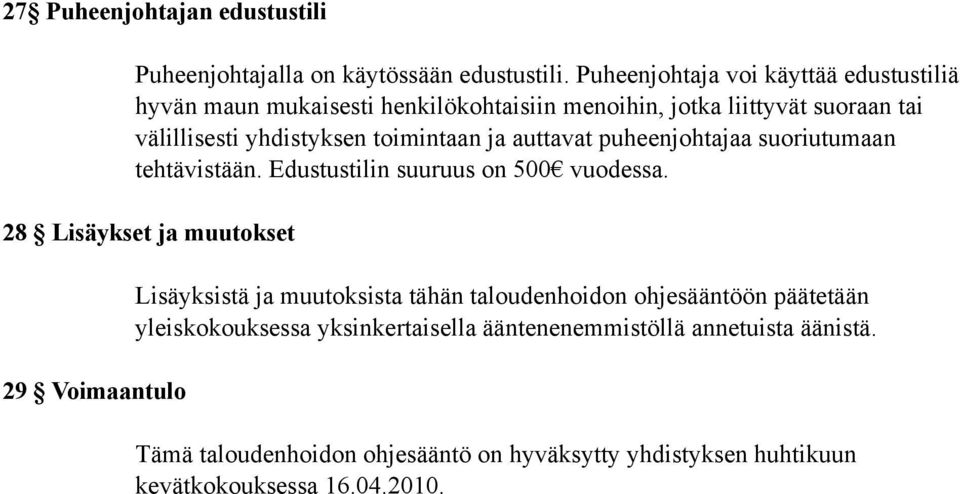 toimintaan ja auttavat puheenjohtajaa suoriutumaan tehtävistään. Edustustilin suuruus on 500 vuodessa.